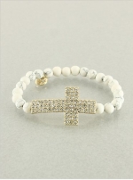 Designer Inspired White Beaded Stretch Bracelet with Gold Sparkly Bling Sideways Cross Charm.