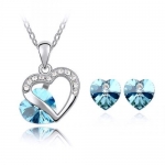Contessa Bella Fancy Genuine 18k White Gold Plated Aqua Blue and Clear Swarovski Austrian Crystal Elements Beautiful Heart Charm Pendant Women Necklace and Earrings Set Elegant Silver Color Crystal Fashion Jewelry
