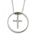 Sterling Silver 3/4 Ring Necklace with Centered Crystal Cubic Zirconia Stones Cross on 18 Chain