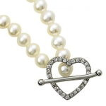 Sterling Silver 5/8 Pierced Heart Necklace with Crystal Cubic Zirconia Stones on 17 Pearl Chain