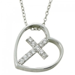 Sterling Silver 3/4 Slanted Heart Necklace with Cubic Zirconia Stones Cross on 18 Chain