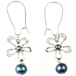 Pearl Black Earrings Flower CZ Diamonds Dangling Sterling Silver Tarnish Free By Bucasi