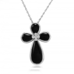 Sterling Silver Black Onyx and Diamond Cross Pendant-Necklace