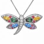 Sterling Silver Multi Colored Cubic Zirconia Dragonfly Pendant-Necklace