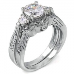 Sterling Silver Cubic Zirconia CZ Wedding Engagement Ring Set Sz 7