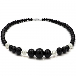 4-16mm Graduated Black Onyx and 8-9mm White Cultured Freshwater Pearl Necklace 18 length with 3mm Sterling Silver Beads and Filigree Clasp.