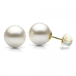 14k Yellow Gold 10-11mm White Perfect Round Cultured Freshwater Pearl High Luster Stud Earring with Silicone Over Gold-back Finding for More Secured. Include Small Brown Jewelry Gift Box with Bow