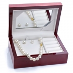 14k Yellow Gold 8-9mm White Japanese Salt Water Akoya Pearl High Luster Necklace 18 Length Secured with Ball Clasp. Comes with Matching Earring Jewelry Set. Include a Wood Jewelry Box with Mirror.
