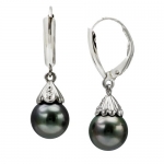 14k White Gold Diamond Illusion 9-10mm Round Black South Sea Tahitian Pearl High Luster Lever Back Earring AAA Quality. Include Small Brown Jewelry Gift Box with Bow.