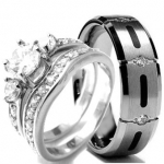 Wedding rings set His and Hers TITANIUM & STAINLESS STEEL Engagement Bridal Rings set (Size Men's 10 Women's 5)