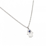 Rhodium Plated 925 Sterling Silver Hamsa Outline with Single Blue Sapphire Cubic Zirconia CZ Charm Pendant Necklace with 18 inch Link Chain