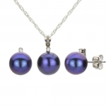 9-10mm Freshwater-black Cultured Pearl with .09ctw Diamond Necklace Earring Set with 18 Length, Sterling Silver Chain. Include Small Jewelry Box.