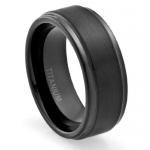 8MM Men's Titanium Ring Wedding Band Black Plated, Brushed Top and Grooved Polished Edges (Available in Sizes 8 to 12) [Size 8.5]