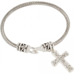 Heirloom Finds Silver Tone Cable Cuff Bracelet with Dangling Crystal Cross