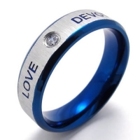 Men - Size 8 - KONOV Jewelry Lover's Men's Women's Ladies Stainless Steel Promise Ring Couples Engagement Wedding Bands, Engraved LOVE DEVOTION, Color Blue Silver Two-Tone (with Gift Bag)