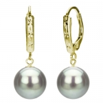 14k Yellow Gold 9-10mm Round Grey Cultured Freshwater Pearl High Luster Leverback with Diamond Accent Earring. Include Small Gift Box with Ribbon.