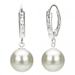 Sterling Silver 9-10mm Perfect Round White Cultured Freshwater Pearl Leverback Earring. Includes Giftbox with Ribbon.