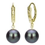 14k Yellow Gold 9-10mm Round Black Cultured Freshwater Pearl High Luster Leverback with Diamond Accent Earring. Include Small Gift Box with Ribbon.