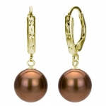14k Yellow Gold 9-10mm Round Chocolate Cultured Freshwater Pearl High Luster Leverback with Diamond Accent Earring. Include Small Gift Box with Ribbon.