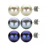 Sterling Silver 8.5-9mm 3 Pairs of White, Black, and Grey Freshwater Pearl Stud Earring.
