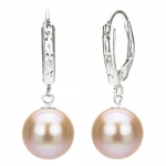 Sterling Silver 9-10mm Perfect Round Pink Cultured Freshwater Pearl Leverback with Diamond Accent Earring. Includes Giftbox with Ribbon.