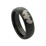 6MM Ladies Black Tungsten Carbide Ring with Silver Laser Etched Batman Symbol Collector's Engagement Wedding Band