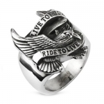 10MM Polished Stainless Steel Biker Ring With Eagle and LIVE TO RIDE,RIDE TO LIVE Engraved in front