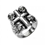 6MM High Polished Stainless Steel Biker Ring With Four Death Skulls and Cross
