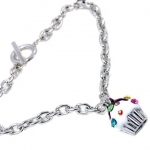 Adorable Small Juicy Inspired Silver Cupcake w/ Frosting and Sparkling Rainbow Crystal Sprinkles Charm Bracelet