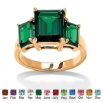 Emerald-Cut Birthstone 18k Yellow Gold-Plated Triple-Stone Ring- May- Simulated Emerald