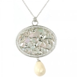 Sterling Silver Necklace Unique Designer Mother of Pearl White CZ Pendant By Bucasi