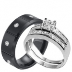 3 Pieces His and Hers Bridal Stainless Steel and Black Stainless Steel Engagement Wedding Band Ring Set (Size Men's 10 Women's 5)
