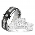 3 Pieces Men's Women's, His & Hers, 925 Sterling Silver & Titanium Engagement Wedding Ring Set (Size Men's 10 Women's 5)