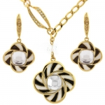 Crystal and Enamel Gold Plated Black and White Art Deco Asymmetrical Necklace and Earring Set