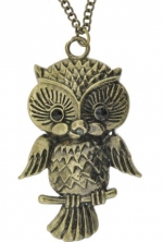 Brass Plated Long Owl Necklace, Large Pendant Owl Necklace