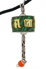 White Metal Tibetan Mantra Malachite Prayer Wheel Pendant Necklace