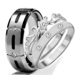 His & Hers 3 Pieces, TITANIUM and STAINLESS STEEL Engagement Wedding Ring Set, AVAILABLE SIZES men's 7,8,9,10,11,12; women's set: 5,6,7,8,9 (Size Men's 10 Women's 5)