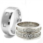 3 Pieces His & Hers, Men's and Women's Stainless Steel Engagement Wedding Band Ring Set new (Size Men's 10 Women's 5)