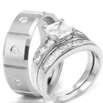 3 Pieces His & Hers, Stainless Steel and Sterling Silver Rhodium Plated Engagement Wedding Bridal Ring Set (Size Men's 10 Women's 5)