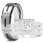 His Hers 4 pcs 925 STERLING SILVER and TITANIUM Engagement Wedding Rings Set (Size Men's 10 Women's 6)
