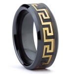 8MM Black Ceramic Wedding Band Ring with Gold Color Greek Key Over Carbon Fiber Inlay Size 9.5