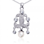 Aristocratic and Elegant: Sterling Silver Rhodium Finish entwined Fleur de lis Style Chandelier White Cultured Pearls and CZ Pendant