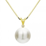 14k Yellow Gold 9-9.5mm White Freshwater Button Shape High Luster Pearl Pendant with .01ctw Diamond with 18 Chain Length Necklace.