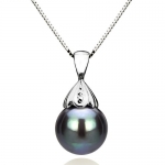 14k White Gold Diamond Illusion 9-10mm Perfect Round Black South Sea Tahitian Pearl Pendant 16 Length Chain Necklace AAA Quality.
