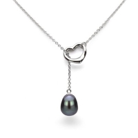 Heart Shape Love Lariat Necklace Sterling Silver 10.5-11mm Black Freshwater Pearl High Luster, 21 Length.