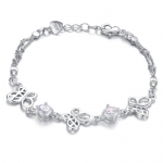 Silver Plated Base Metal Womens Link Bracelet with Open Butterfly Charm and Clear Cubic Zirconia Crystal
