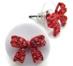 Adorable Pretty Princess Small 1/2 Bow Stud Earrings with Sparkling Red Austrian Crystals - Silver Plated