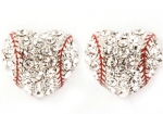 Sparkling Crystal Embellished Heart Shaped 3/4 Baseball/Softball Stud Earrings I LOVE BASEBALL