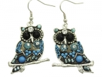 Trendy Large Dangle Owl Earrings with Colorful Turquoise Beads and Austrian Crystals - Silver Rhodium Plated