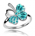 18k Gold Plated Swarovski Crystal Heart Shaped Four Leaf Clover Fashion Ring-Various Colors (Navy, 7)